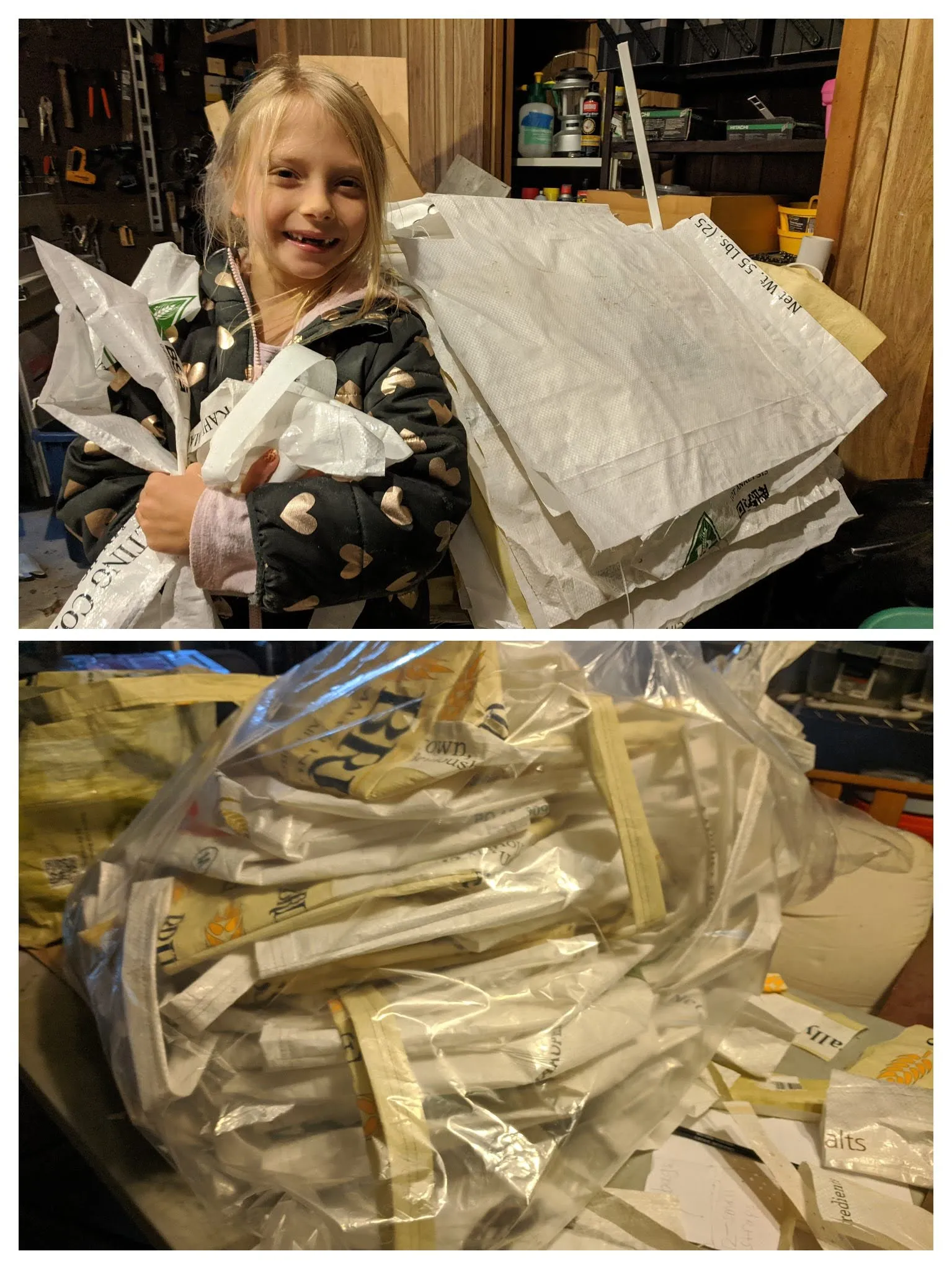 My daughter helping me clean grain bags and a big grain bag order
